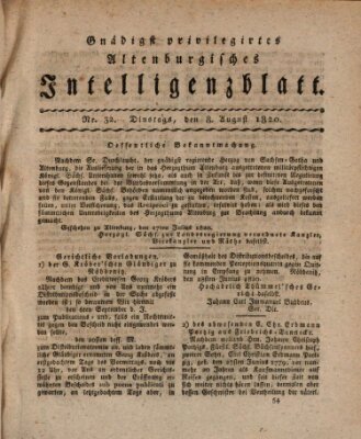 Gnädigst privilegirtes Altenburgisches Intelligenzblatt Dienstag 8. August 1820