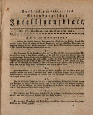 Gnädigst privilegirtes Altenburgisches Intelligenzblatt Dienstag 21. November 1820