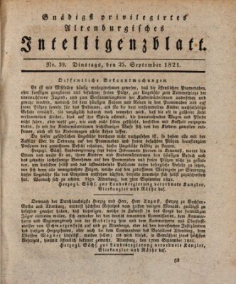 Gnädigst privilegirtes Altenburgisches Intelligenzblatt Dienstag 25. September 1821