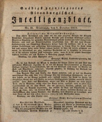 Gnädigst privilegirtes Altenburgisches Intelligenzblatt Dienstag 9. Oktober 1821