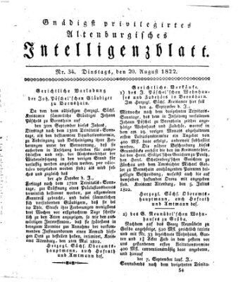 Gnädigst privilegirtes Altenburgisches Intelligenzblatt Dienstag 20. August 1822