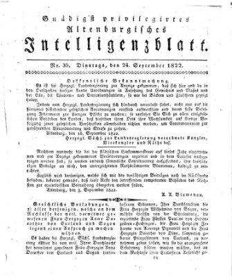 Gnädigst privilegirtes Altenburgisches Intelligenzblatt Dienstag 24. September 1822