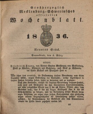 Großherzoglich-Mecklenburg-Schwerinsches officielles Wochenblatt Samstag 5. März 1836