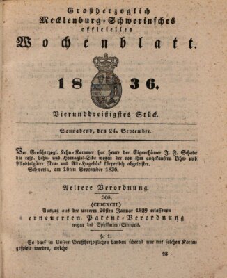 Großherzoglich-Mecklenburg-Schwerinsches officielles Wochenblatt Samstag 24. September 1836