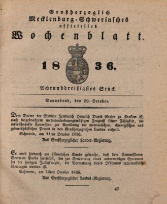 Großherzoglich-Mecklenburg-Schwerinsches officielles Wochenblatt Samstag 29. Oktober 1836