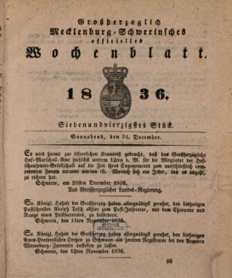 Großherzoglich-Mecklenburg-Schwerinsches officielles Wochenblatt Samstag 31. Dezember 1836