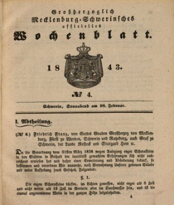 Großherzoglich-Mecklenburg-Schwerinsches officielles Wochenblatt Samstag 18. Februar 1843