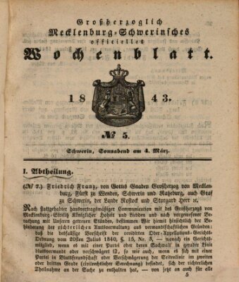 Großherzoglich-Mecklenburg-Schwerinsches officielles Wochenblatt Samstag 4. März 1843