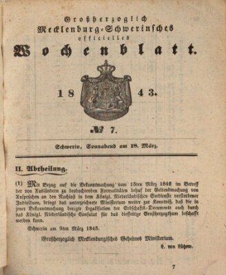 Großherzoglich-Mecklenburg-Schwerinsches officielles Wochenblatt Samstag 18. März 1843