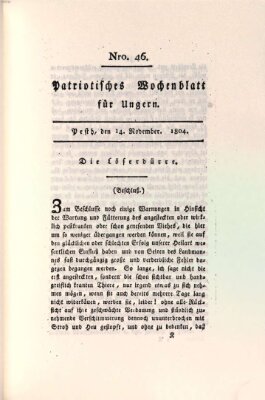 Patriotisches Wochenblatt für Ungern Mittwoch 14. November 1804