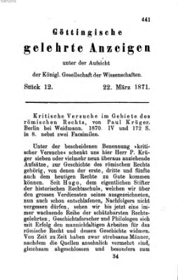 Göttingische gelehrte Anzeigen (Göttingische Zeitungen von gelehrten Sachen) Mittwoch 22. März 1871