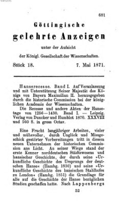 Göttingische gelehrte Anzeigen (Göttingische Zeitungen von gelehrten Sachen) Sonntag 7. Mai 1871