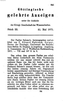 Göttingische gelehrte Anzeigen (Göttingische Zeitungen von gelehrten Sachen) Mittwoch 31. Mai 1871