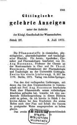 Göttingische gelehrte Anzeigen (Göttingische Zeitungen von gelehrten Sachen) Mittwoch 5. Juli 1871