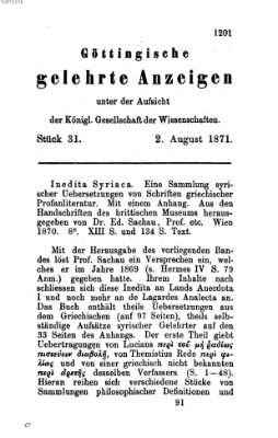 Göttingische gelehrte Anzeigen (Göttingische Zeitungen von gelehrten Sachen) Mittwoch 2. August 1871