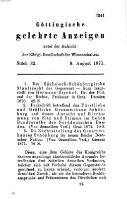 Göttingische gelehrte Anzeigen (Göttingische Zeitungen von gelehrten Sachen) Mittwoch 9. August 1871