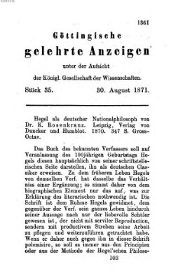 Göttingische gelehrte Anzeigen (Göttingische Zeitungen von gelehrten Sachen) Mittwoch 30. August 1871