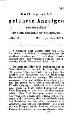 Göttingische gelehrte Anzeigen (Göttingische Zeitungen von gelehrten Sachen) Mittwoch 20. September 1871