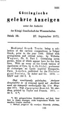 Göttingische gelehrte Anzeigen (Göttingische Zeitungen von gelehrten Sachen) Mittwoch 27. September 1871