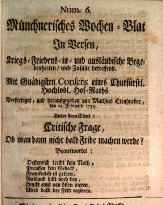 Münchnerisches Wochenblatt In Versen Samstag 24. Februar 1759