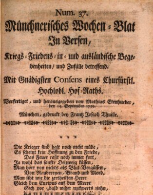 Münchnerisches Wochenblatt In Versen Samstag 15. September 1759