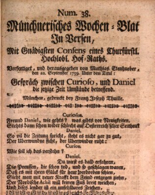 Münchnerisches Wochenblatt In Versen Samstag 22. September 1759