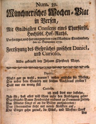 Münchnerisches Wochenblatt In Versen Samstag 29. September 1759