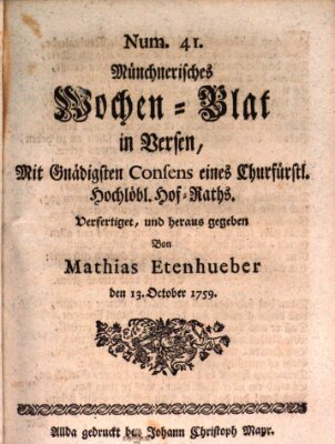 Münchnerisches Wochenblatt In Versen Samstag 13. Oktober 1759