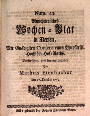 Münchnerisches Wochenblatt In Versen Samstag 27. Oktober 1759