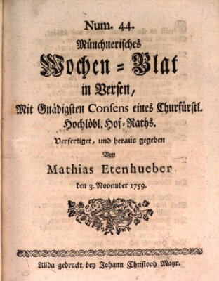 Münchnerisches Wochenblatt In Versen Samstag 3. November 1759