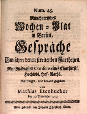 Münchnerisches Wochenblatt In Versen Samstag 10. November 1759