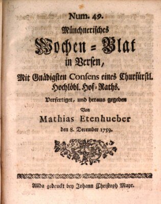 Münchnerisches Wochenblatt In Versen Samstag 8. Dezember 1759