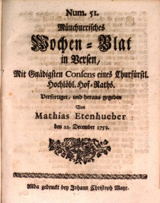 Münchnerisches Wochenblatt In Versen Samstag 22. Dezember 1759