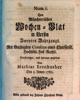 Münchnerisches Wochenblatt In Versen Samstag 5. Januar 1760