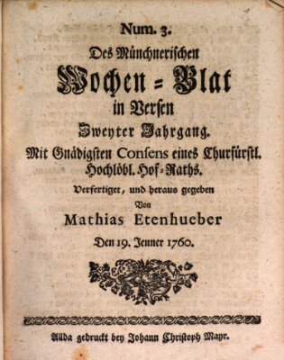 Münchnerisches Wochenblatt In Versen Samstag 19. Januar 1760