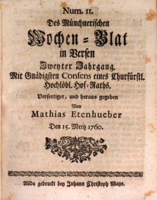 Münchnerisches Wochenblatt In Versen Samstag 15. März 1760