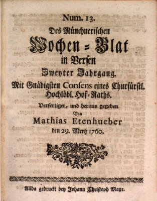 Münchnerisches Wochenblatt In Versen Samstag 29. März 1760