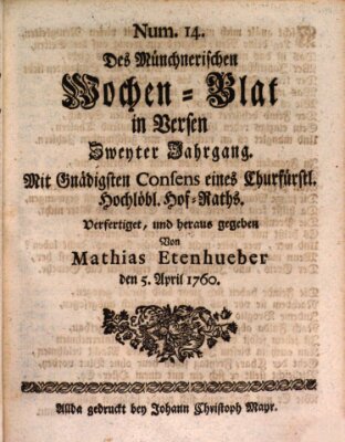 Münchnerisches Wochenblatt In Versen Samstag 5. April 1760