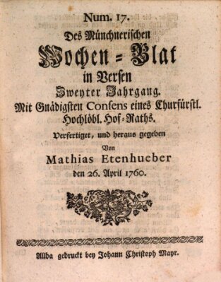 Münchnerisches Wochenblatt In Versen Samstag 26. April 1760