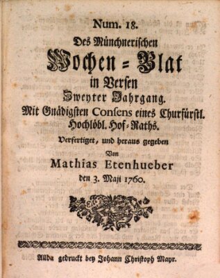 Münchnerisches Wochenblatt In Versen Samstag 3. Mai 1760