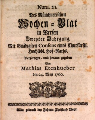 Münchnerisches Wochenblatt In Versen Samstag 24. Mai 1760