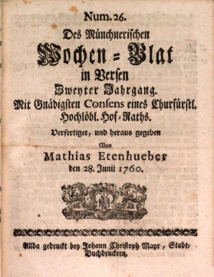 Münchnerisches Wochenblatt In Versen Samstag 28. Juni 1760