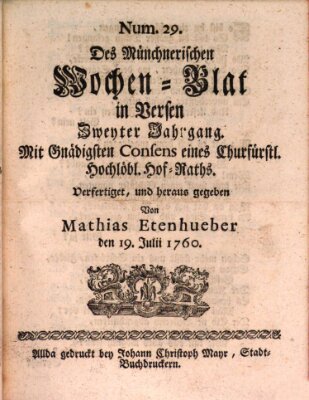 Münchnerisches Wochenblatt In Versen Samstag 19. Juli 1760