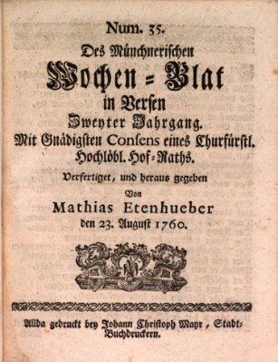 Münchnerisches Wochenblatt In Versen Samstag 23. August 1760