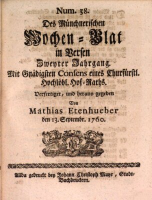 Münchnerisches Wochenblatt In Versen Samstag 13. September 1760