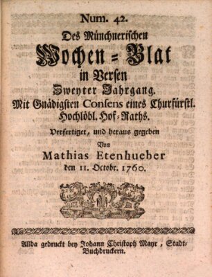 Münchnerisches Wochenblatt In Versen Samstag 11. Oktober 1760