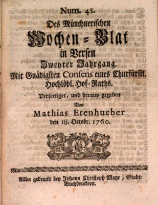 Münchnerisches Wochenblatt In Versen Samstag 18. Oktober 1760