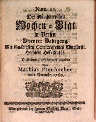 Münchnerisches Wochenblatt In Versen Samstag 1. November 1760