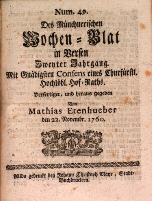 Münchnerisches Wochenblatt In Versen Samstag 22. November 1760