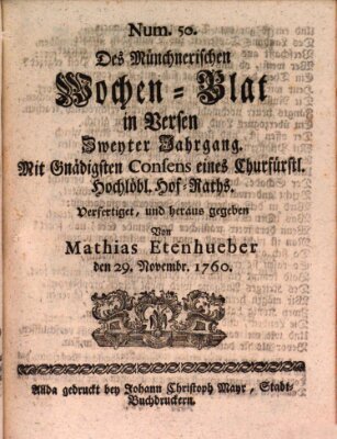 Münchnerisches Wochenblatt In Versen Samstag 29. November 1760